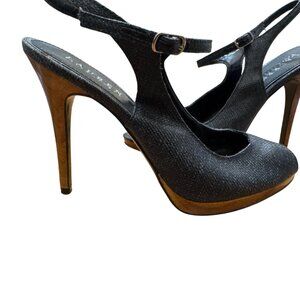 Ralph Lauren Stiletto Heels Black Panama Lacquered Straw Wood